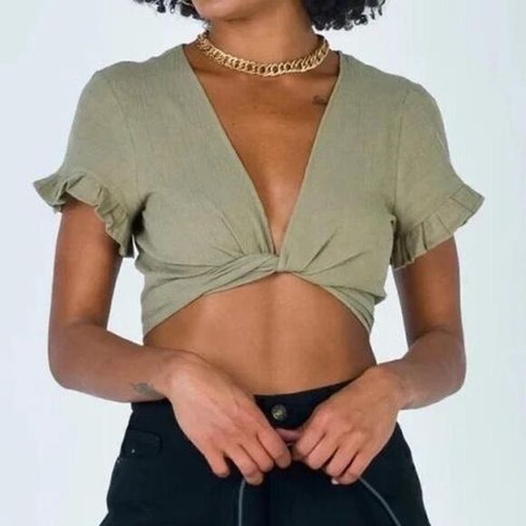 Princess Polly Sage Green “Honey Honey” Tie Up Wrap Crop Top w/Ruffle (Size: 4) - Picture 1 of 16